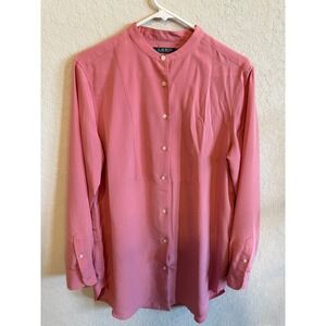 Lauren Ralph Lauren Pink Band Collar Button Front Shirt Top Womens‎ L Polyester